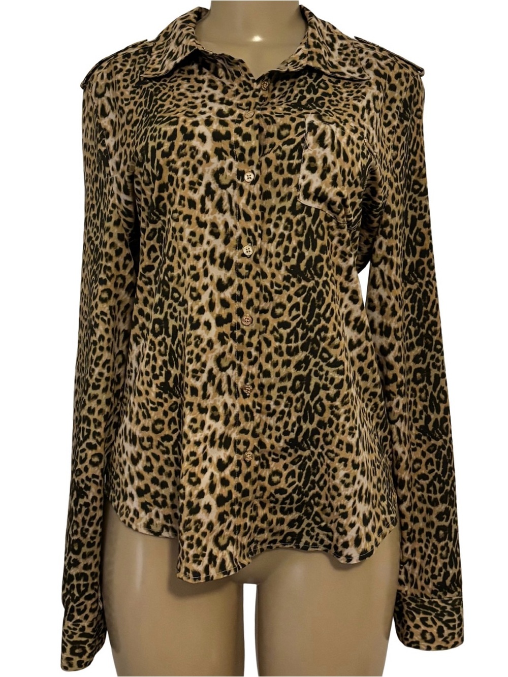 Guess Leopard Print Button Down Y2K Mob Wife Bimbocore Shirt Brown Black